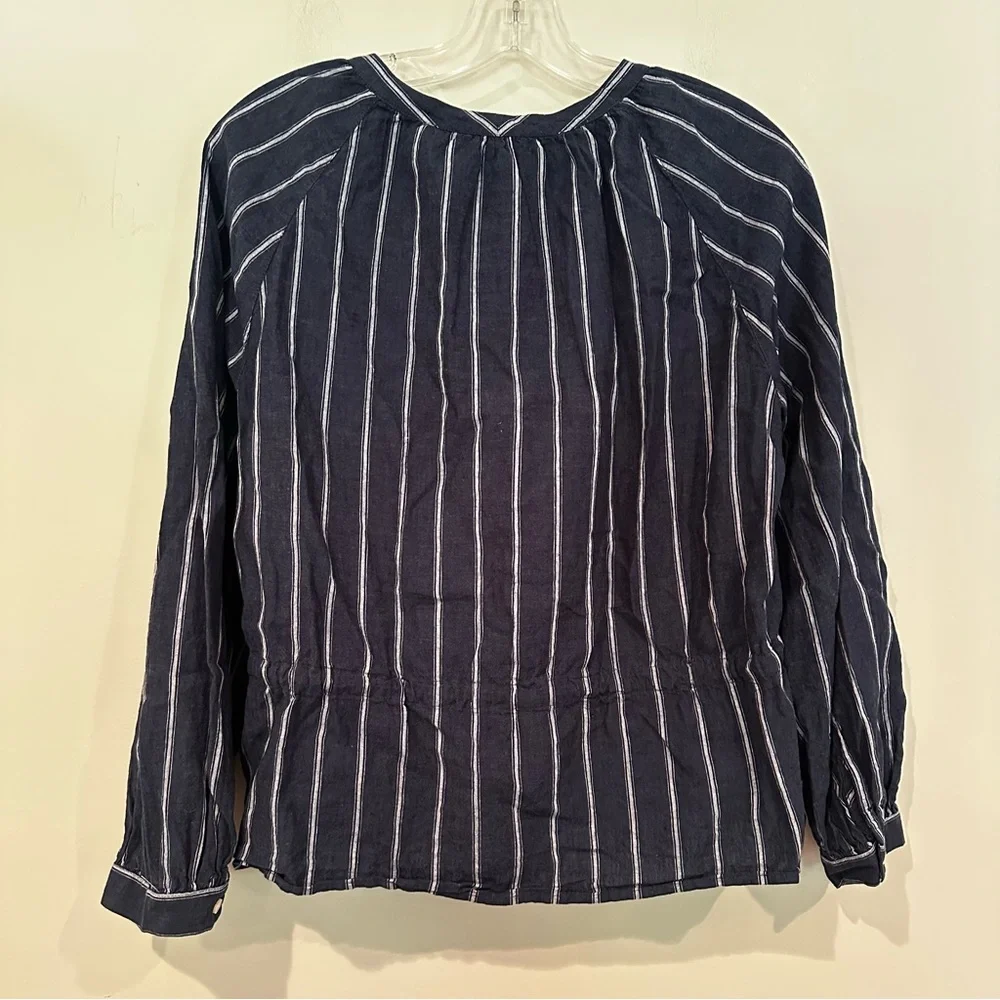 J. Crew Tie Waist Linen Blend Striped Gauze Top Blouse Women's‎ 8 Navy Casual